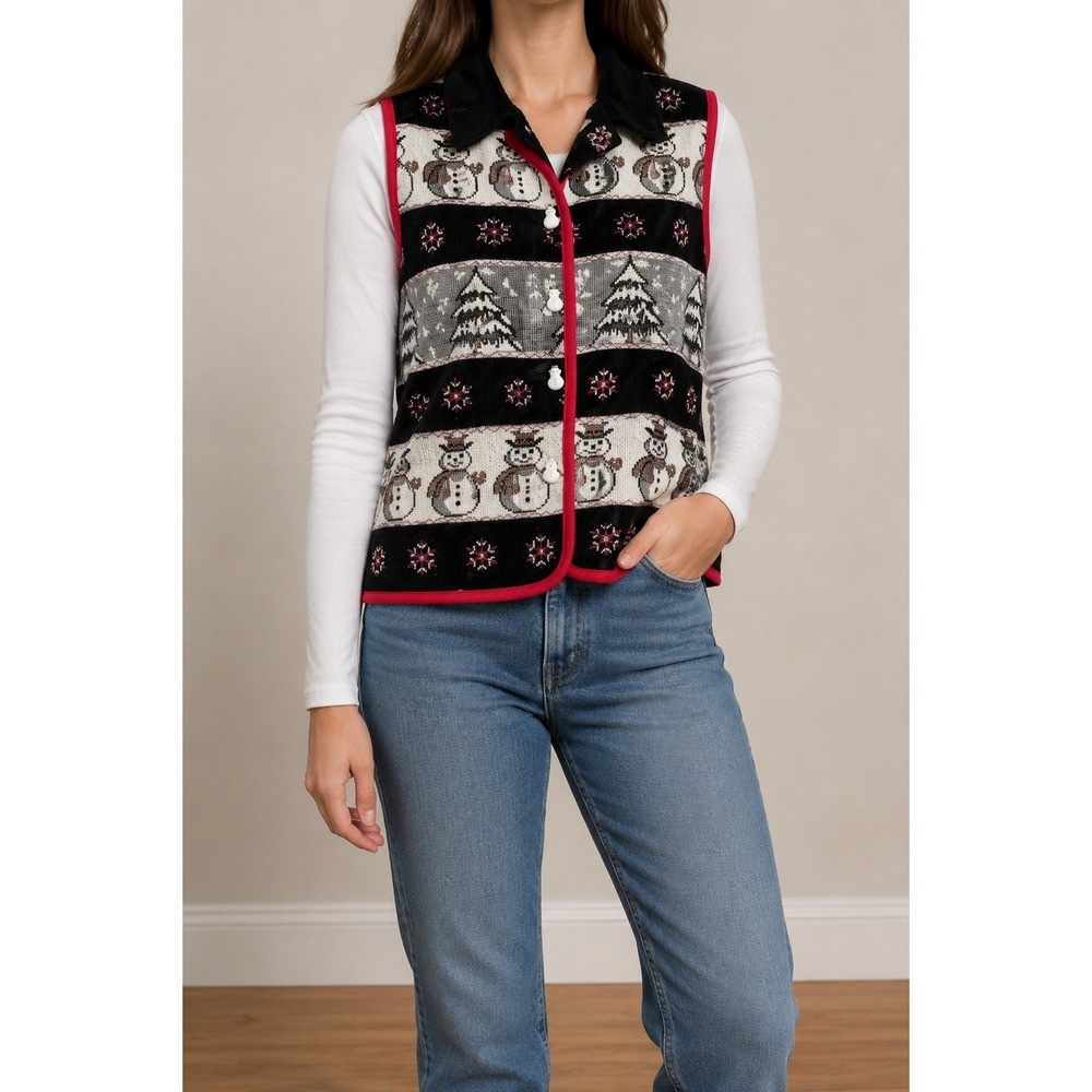 Snowman Christmas Vest Mediumβ Button Up Tapestry Velvet Holiday Novelty VTG 90s